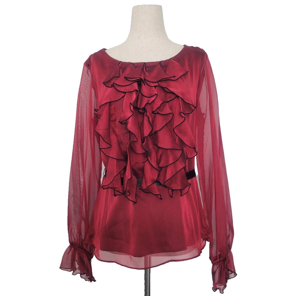 Vintage Y2K Dressbarn Sheer Ruffle Neck Top Size 6 Red Vamp Whimsigoth Gothic